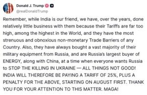 Trump Announces 25% Tariff on Indian Goods from August 1, Also Penalty for Buying from Russia and China