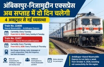 अंबिकापुर-निजामुद्दीन एक्सप्रेस 4 अक्टूबर से सप्ताह में दो दिन चलेगी, टाइमिंग और रूट यथावत रहेगी